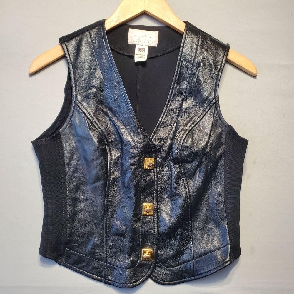 VTG Cache Leather Corset Vest Womens Medium Black Gold Hardware 90s Y2K Glam